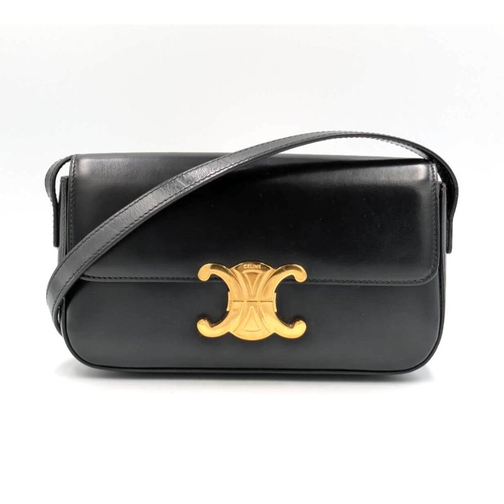 Pre-owned Celine Triomphe Shiny Calfskin Claude Shoulder Bag Black
